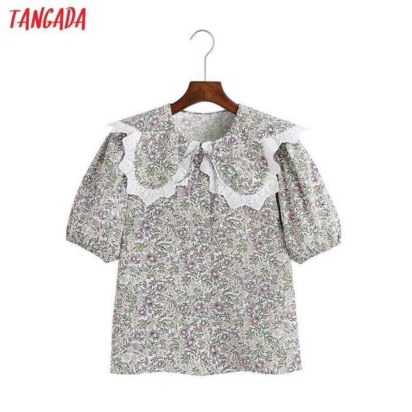 

tangada women retro embroidery collar flower print romantic blouse shirt short sleeve chic female shirt 6z97 210609, White