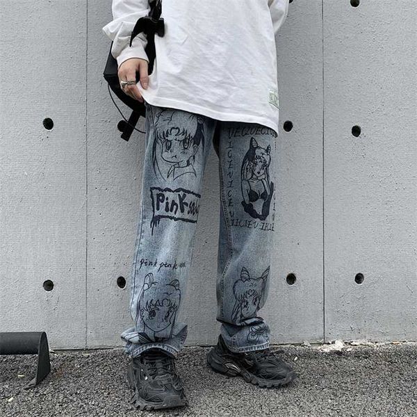 Friendyan desenhos animados anime impressão jeans homens calças bf harajuku streetwear desgaste casual moda graffiti solta mulheres calças 211108