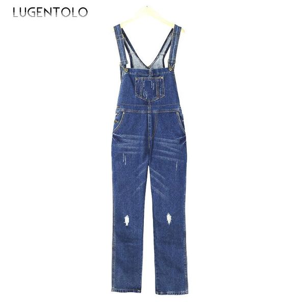 

women's jumpsuits & rompers lugentolo women jumpsuit denim bib loose hole shoulders casual fashion plus size 3xl streetwear, Black;white