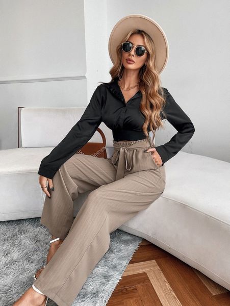 

paperbag waist slant pocket wide leg belted pants 28re#, Black;white