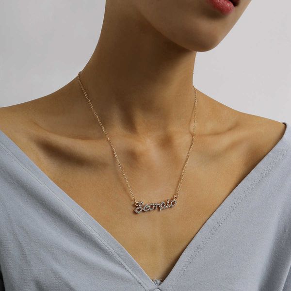 

jewelry personality business letters micro inlaid women's creative simple diamond english constellation necklace, Silver