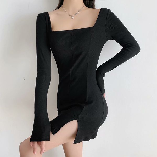 

2021 new vintage solid screw thread elastic women square neck long sleeve hem slits bodycon mini vestido a9px, Black;gray