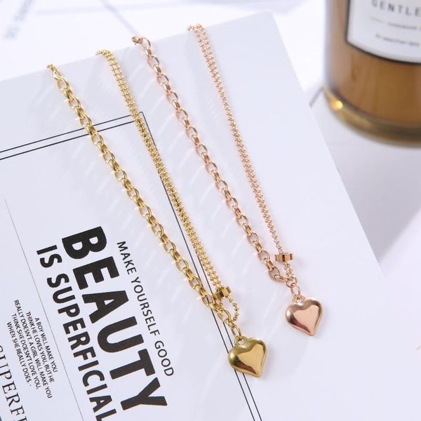 

pendant necklaces titanium steel korean simple fashion love heart necklace asymmetric round bead chain bone, Silver