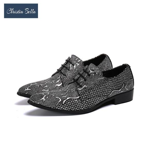 

dress shoes silver pattern wedding party men oxford pointed toe lace up genuine leather plus size business brogue, Black