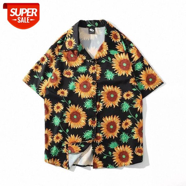 

2020 new ins tide harajuku short sleeve shirt retro style all matching loose hawaiian sunflower shirt for young men and women #rl6a, White;black
