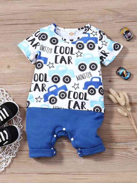 

baby car and letter graphic romper she, Blue