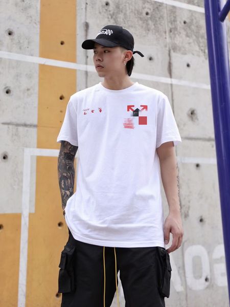 

large and high off2021 new summer ow classic arrow print casual men's women's loose couple t-shirt, White;black