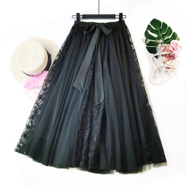 

skirts long mesh bows summer fashion casual women skirt elegant tutu size solid large swing elastic waist lace, Black