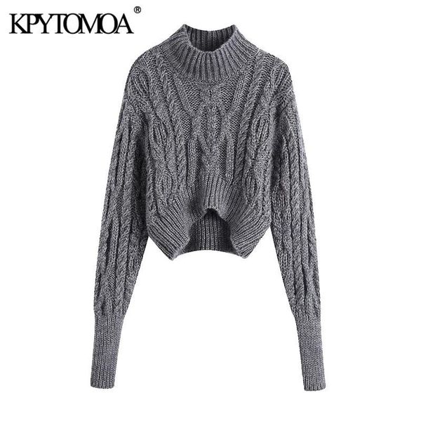

women's sweaters kpytomoa women 2021 fashion asymmetric cropped cable-knit sweater vintage high neck lantern sleeve female pullovers ch, White;black