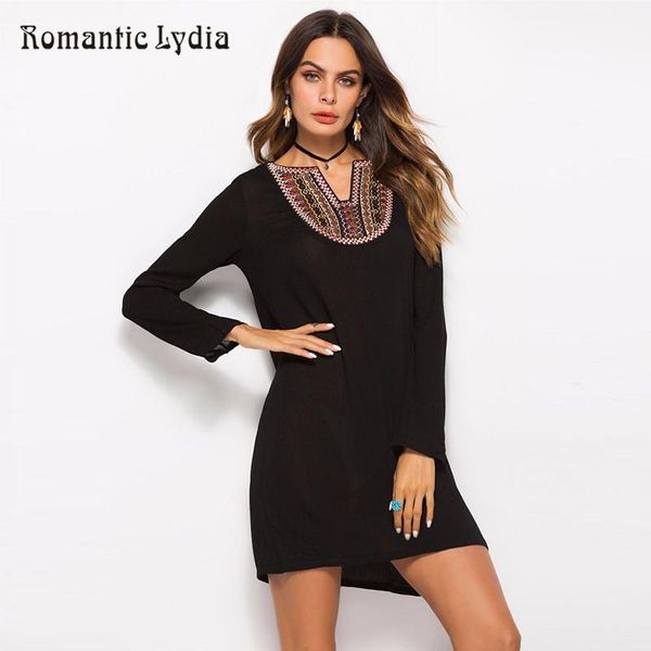 

casual dresses vintage autumn t-shirt dress women ethnic embroidery loose long sleeve mini, Black;gray