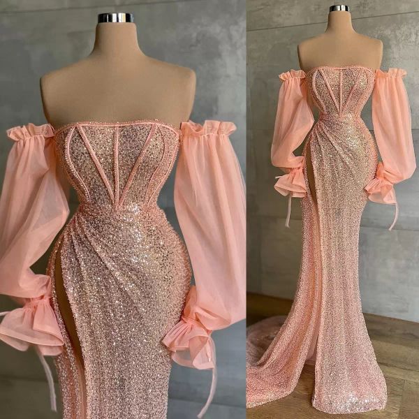 2022 Shinny Pink Pailletten Abendkleider Bodenlangen Frauen Sexy High Split Prom Kleider Lange Ärmel Maßgeschneiderte Formale Promi-kleider CG001