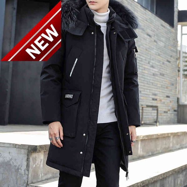 

men's winter white duck down jackets 2021 mid-length fur collar hooded coats trendy black windbreaker outwear clothing