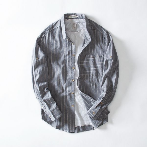 

2021 new brand long sleeve linen casual stripes flax shirt mens fashion autumn and spring shirts men 4xl overhemd chemise 81k6, White;black