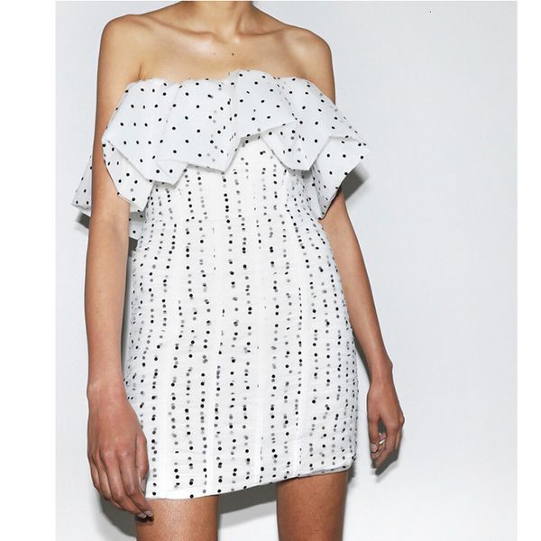 

2021 new strapless mini es for women party summer elegant ruffles white black polka dot k8ld, Black;gray
