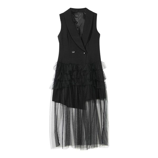 

women's vests 2021 arrival elegant sleeveless ruffles mesh stitching solid black long vest women cardigan waistcoat clothes, Black;white