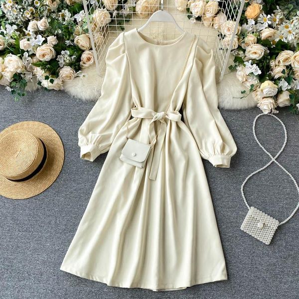 

casual dresses o neck dress women long sleeved puff sleeve elegant solid color bandage knee-length square collar, Black;gray