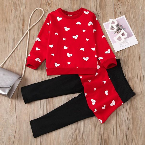 

4# valentine's day outfits 1-6years kids girls long sleeve heart-shaped print +pants outfit girls set children clothes set, White