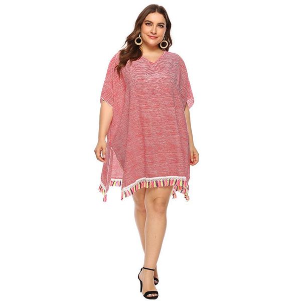 

plus size dresses spring summer red women clothing pinstripe multicolored tassel v neck patchwork loose side split beach dress casual