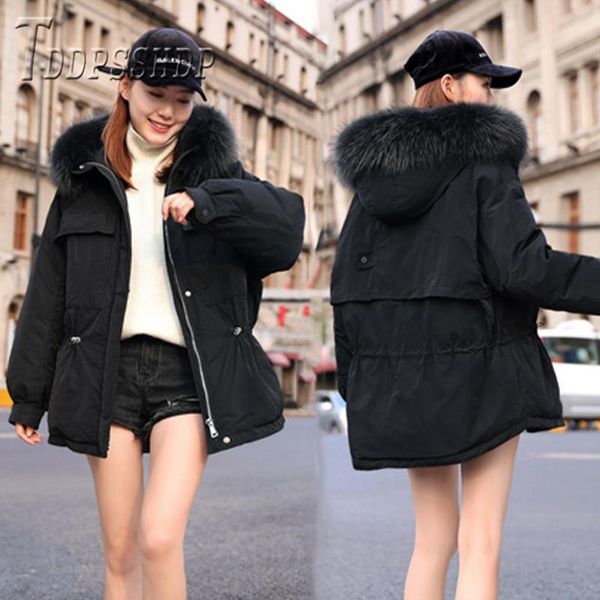 

2021 winter thick women coat fluff collar 4 colors can choose loose female parkas, Black