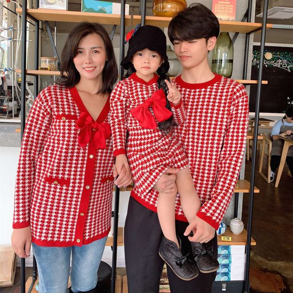 

drs 2021 red woolen plaid double jacquard korean cover for parents and children: a family of four, Blue