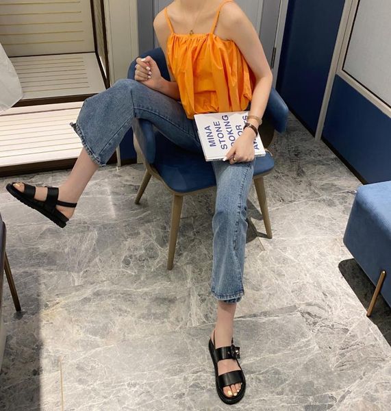 

2021 summer female sandal real leather shoes woman med girls genuine beige comfort new medium flat back strap basic scandals sol, Black