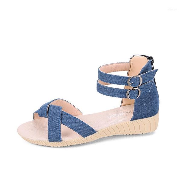 

sandals versatile spring/summer 2021 denim low-heeled open-toe gladiator womens flat shoes11, Black
