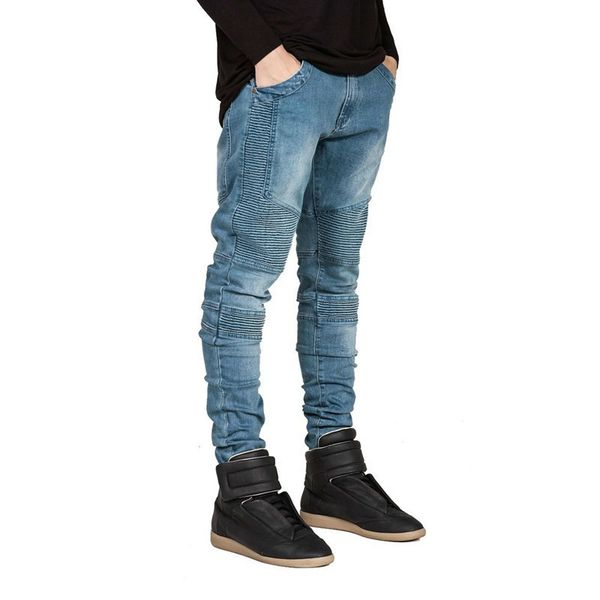 

streetwear men ny biker jeans homme men's fashion motorcycle moto hip hop denim joggers runway slim elastic, Blue