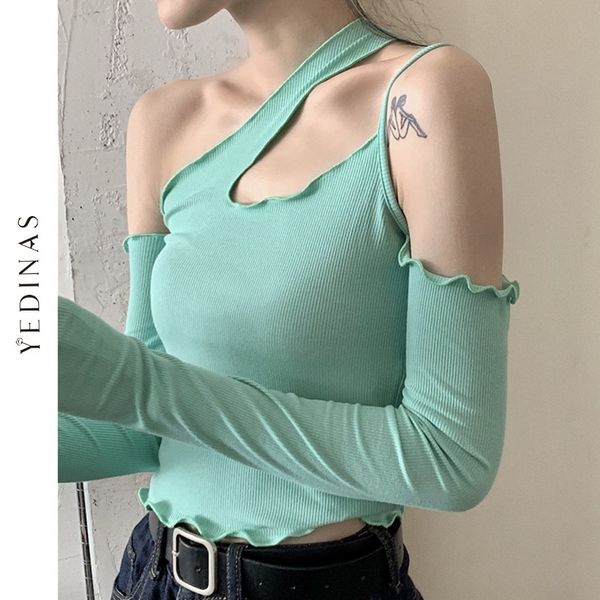 

yedinas t-shirt for female crop long sleeve t shirt casual off shoulder women autumn hollow out skinny party clubwear 210527, White
