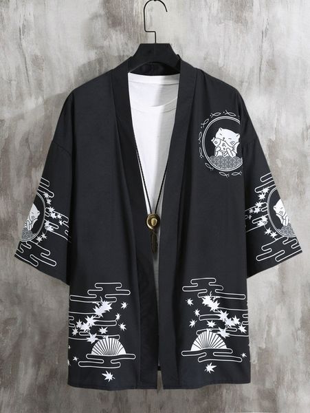 

men cartoon & star print drop shoulder kimono without tee b9ti#, White;black