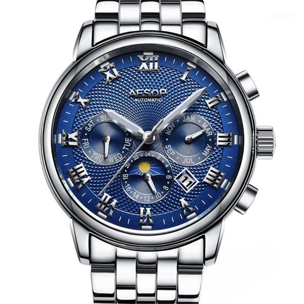 

automatic sapphire mechanical men watches waterproof date calendar steel wristwatch relogio masculino wristwatches, Slivery;brown