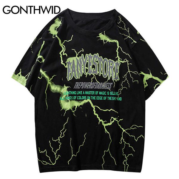 

gonthwid oversized tshirts streetwear hip hop lightning print punk rock gothic te shirts harajuku casual short sleeve, White;black