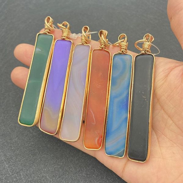 

charms 1pcs natural semi-precious stone pendant rectangular shape metal edging for diy necklace jewelry making designer charm, Bronze;silver
