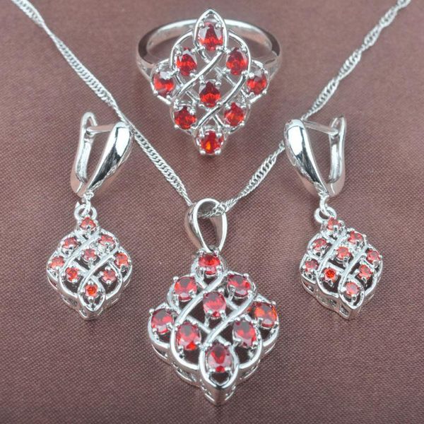 

earrings & necklace unique red stone cubic zirconia women's silver plated color jewelry sets pendant rings tz067