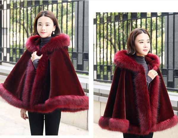 

fur-coat european and american style hooded cloak korean winter shawl coats female mid-length fur coat, Black