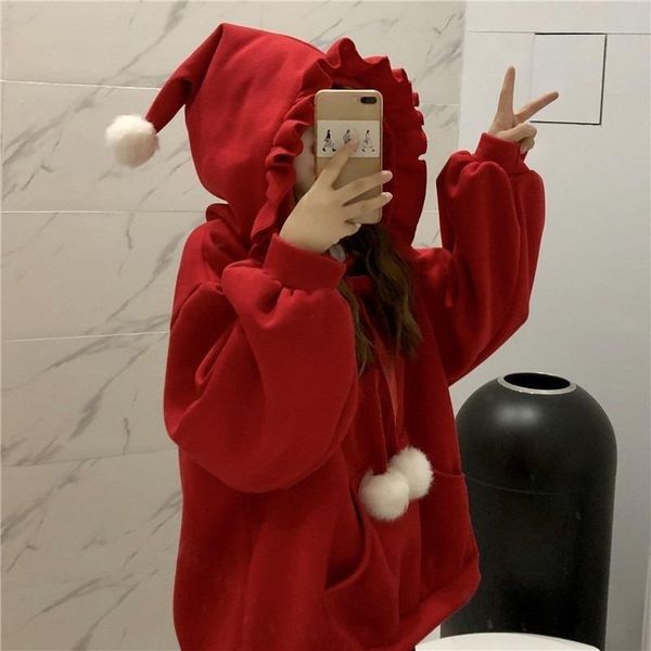 

women's hoodies & sweatshirts 2021 women clothes soft girl christmas hat santa claus autumn winter pullover loose red yellow cute ins c, Black