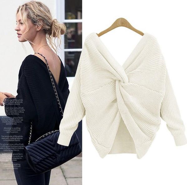 

women open back sweater big tie v-neck full sleeve sweaters solid color knitted pullovers elegant knitwear sweater women, White;black