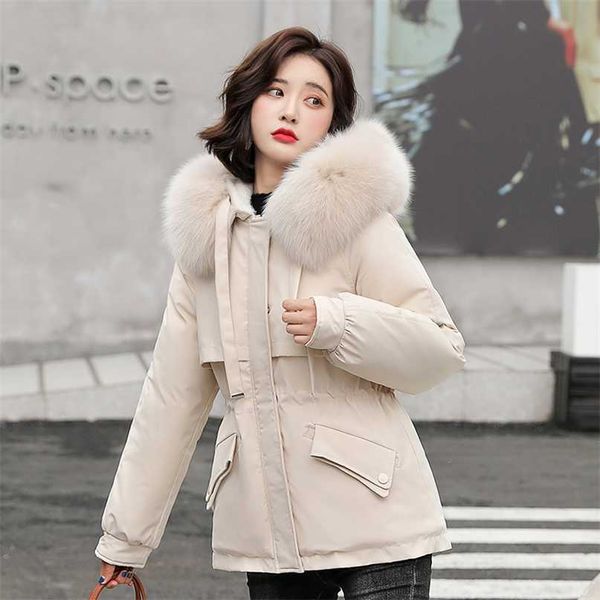 

short hooded parka with fur collar winter jacket women casual warm adjustable waist female cotton liner coat 211216, Black