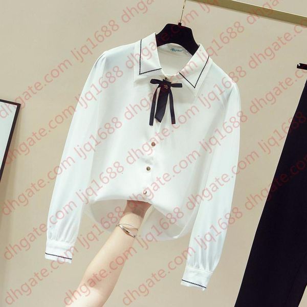 

new 2021 autumn women's turn down collar long sleeves bow shirt ladies all-match casual shirts blouse a3699, White
