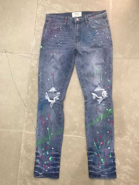 

men's jeans splash ink jet color gradient jeans zipper, Blue