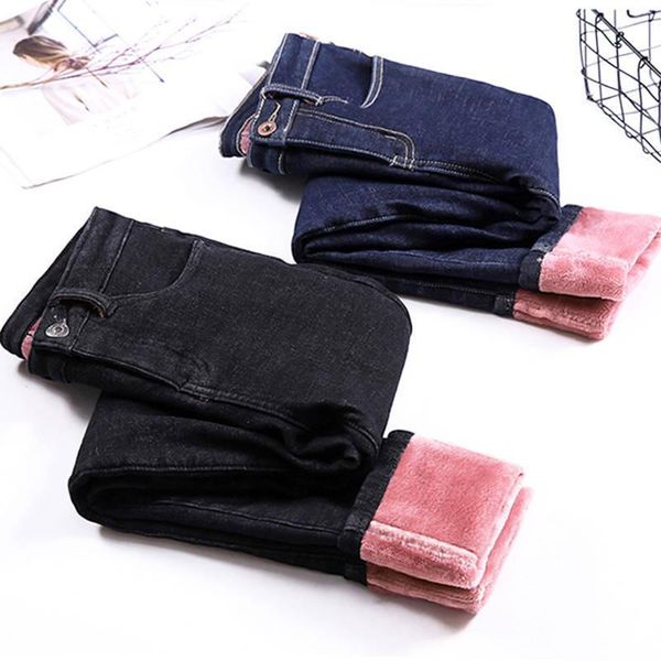 

women's jeans autumn plus velvet thick women 2021 winter warm high waist denim ankle-length pants stretch slim woman pencil, Blue