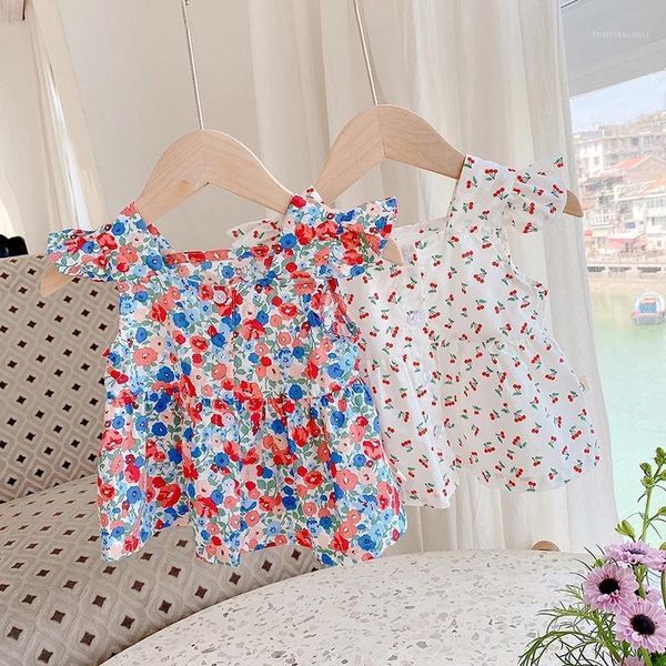 

girl's dresses 2021 summer baby girls dress blouse square collar casual floral sleeveless loose clothes1, Red;yellow