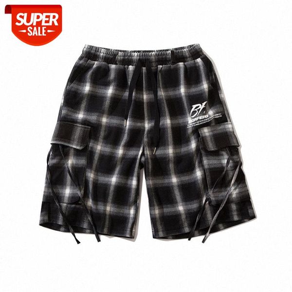 

hip-hop black and white plaid ribbon big pocket overalls shorts men's street harajuku style sports five-point pants #rn7x