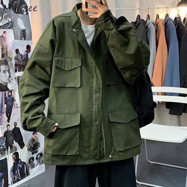 

men's jackets men design high street zipper pockets tooling outwear solid turn-down collar casual coats handsome ulzzang chic male, Black;brown