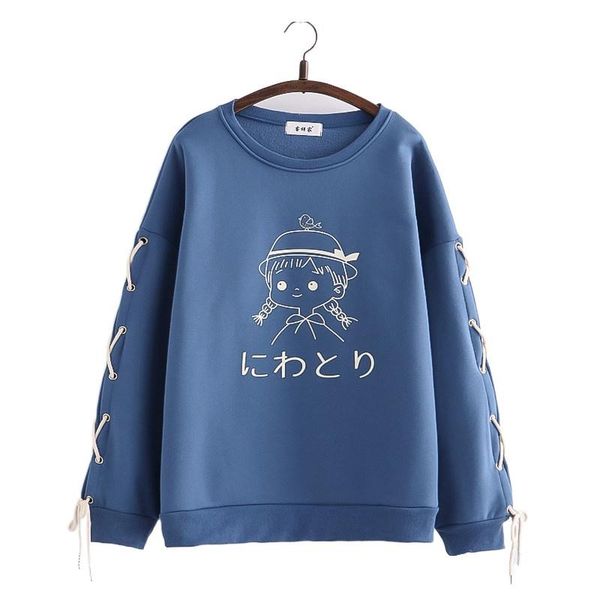 

women's hoodies & sweatshirts women cartoon print lace up kawaii cute pullovers 2021 autumn winter female sweet style long sleeve o-nec, Black