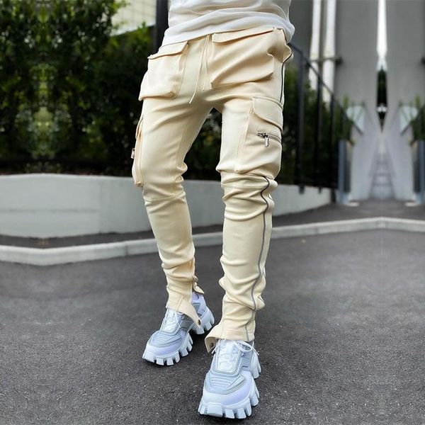 

multi-pocket reflective striped workwear sport fitness pants men outdoor running sports pants jogging gym running trousers, Black;blue
