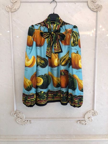 

2021 spring new women's silk multicolor pumpkin pattern printed shirt vegetable elements qkpi, White