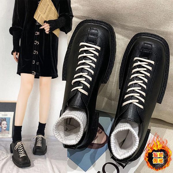 

dress shoes 2021 korean version of the british style wild retro thick bottom plus velvet casual small leather women, Black