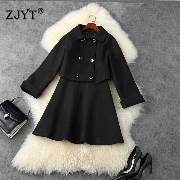 

runway designer turn down collar short woolen jacket and tank dresses for women autumn winter vestidos 210601, Black;gray