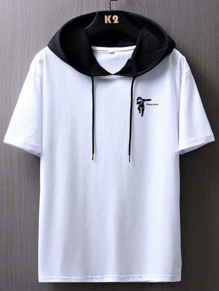 

men letter & figure graphic drawstring hooded tee w7kl#, White;black