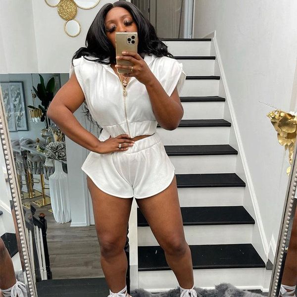 

women's tracksuits solid hooded 2 two piece set women track suit short femme sportwear zipper crop biker shorts matching sets casual ou, Gray